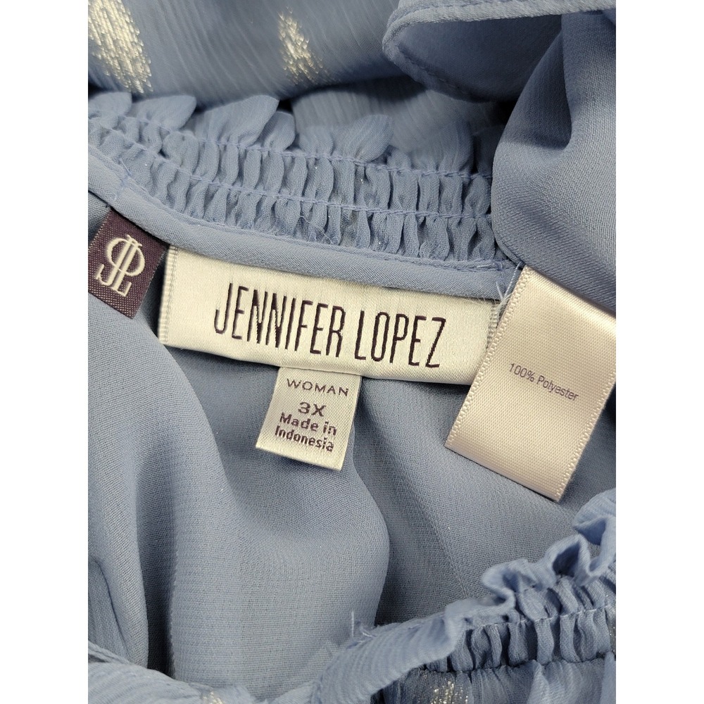Jennifer Lopez Women 3X Blouse Blue Metallic Foil Bell Sleeve Boho Ruffle Top - Picture 5 of 7